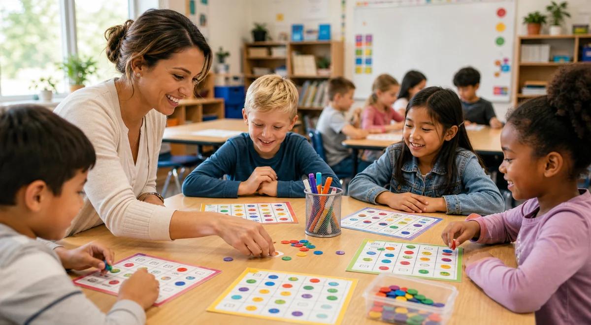 Teacher using bingo cards in a classroom activity