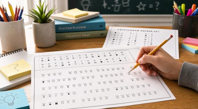 Student solving a cryptogram puzzle worksheet in classroom