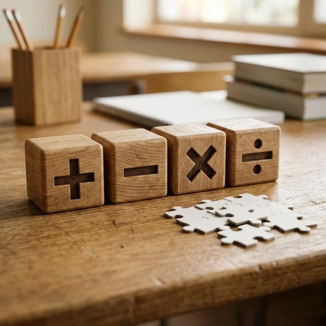 Wooden blocks with arithmetic symbols beside paper puzzle pieces