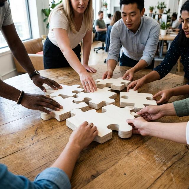 Team members collaborating on puzzle activities