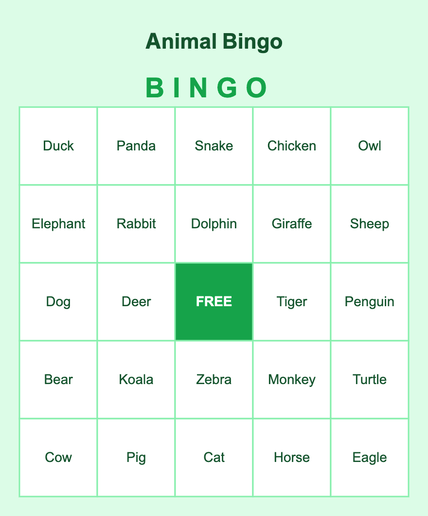 Animal Bingo for Kids — free printable bingo card sample from a 10-card PDF pack