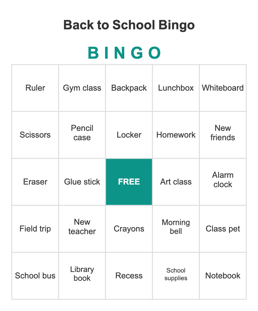 Back to School Bingo — free printable bingo card sample from a 10-card PDF pack