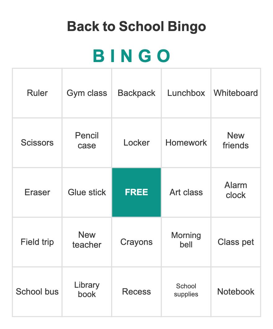 Back to School Bingo — free printable bingo card sample from a 10-card PDF pack