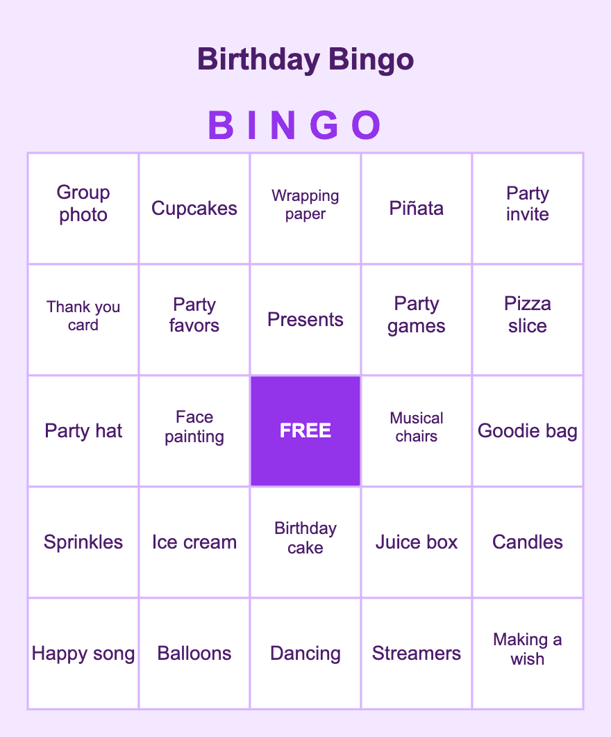 Birthday Party Bingo — free printable bingo card sample from a 10-card PDF pack