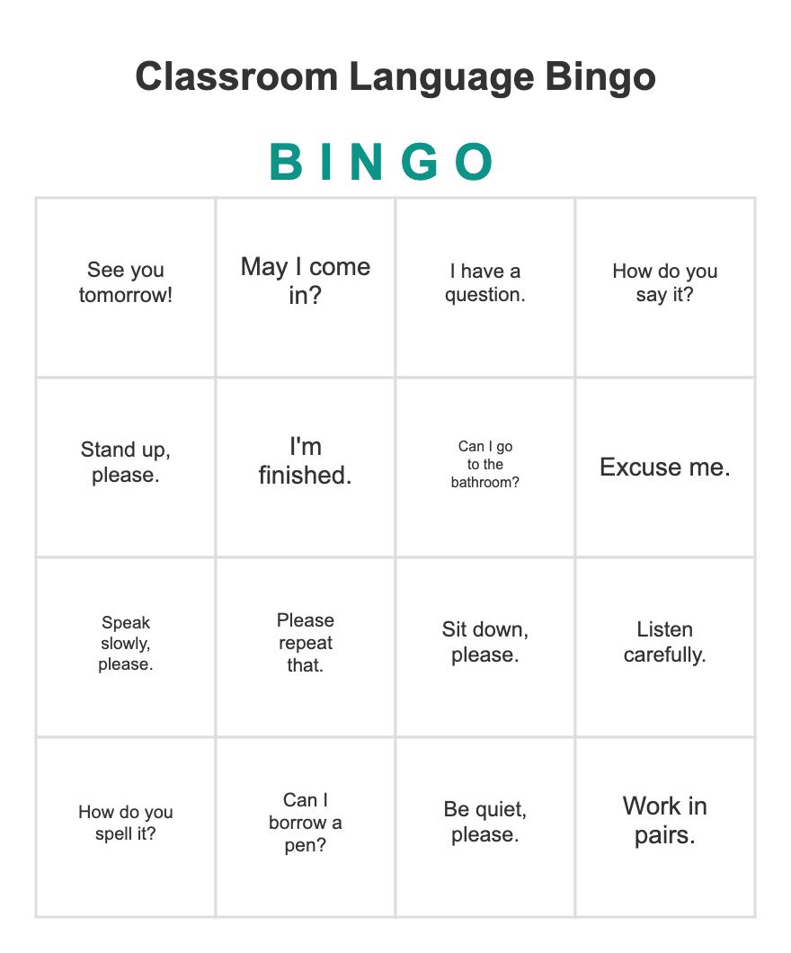 Classroom Language Bingo: sample card from a free 10-card printable PDF pack