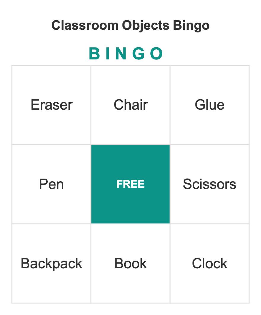 Classroom Objects Bingo (3×3 Beginner): sample card from a free 10-card printable PDF pack