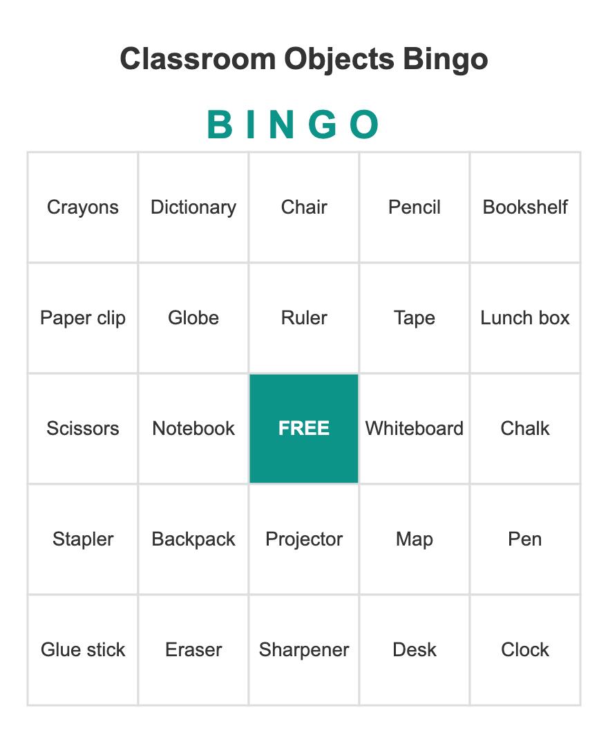 Classroom Objects Bingo: sample card from a free 10-card printable PDF pack