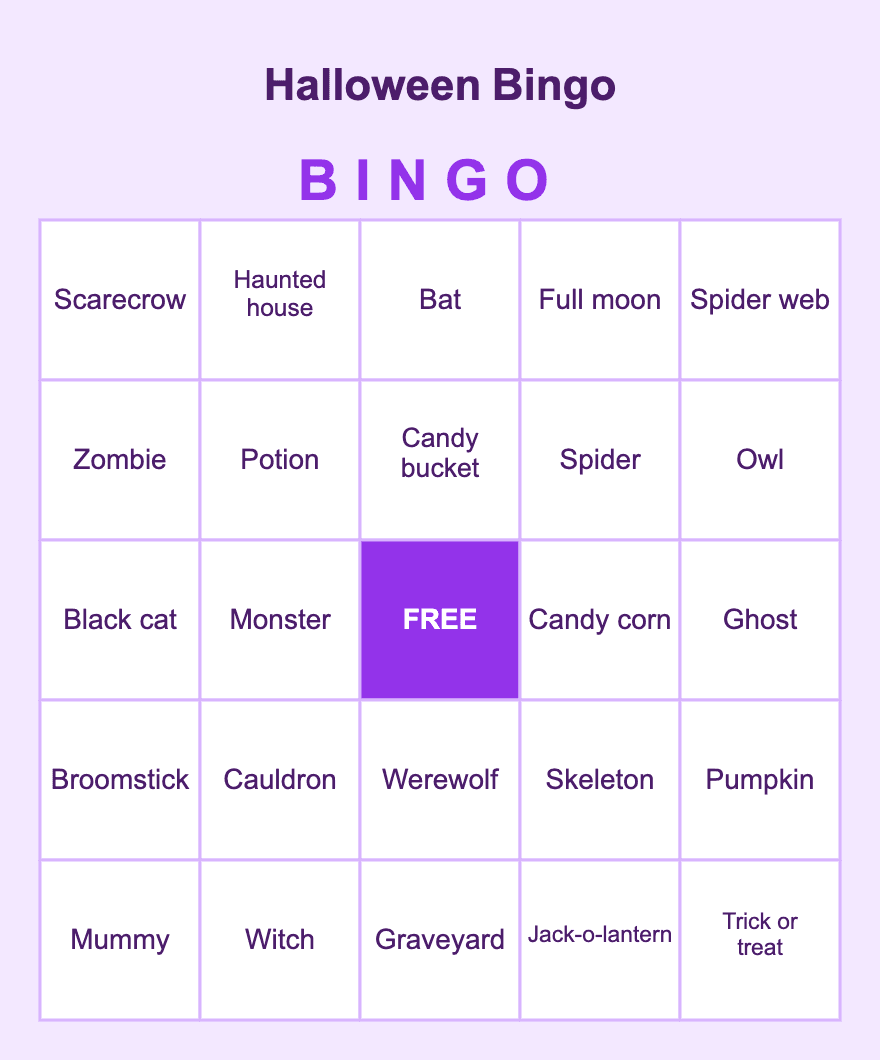 Halloween Bingo — free printable bingo card sample from a 10-card PDF pack