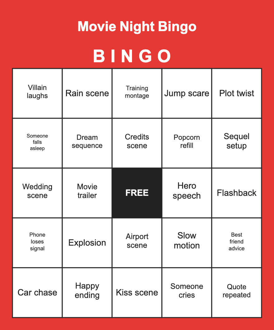 Movie Night Bingo — free printable bingo card sample from a 10-card PDF pack