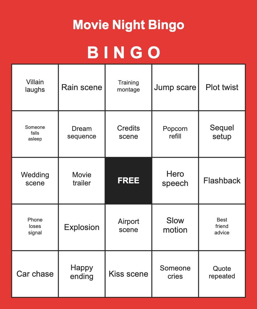 Movie Night Bingo — free printable bingo card sample from a 10-card PDF pack