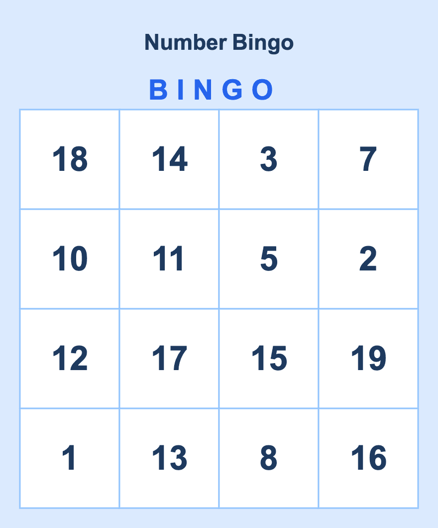 Number Bingo 1-20 for Kids — free printable bingo card sample from a 10-card PDF pack