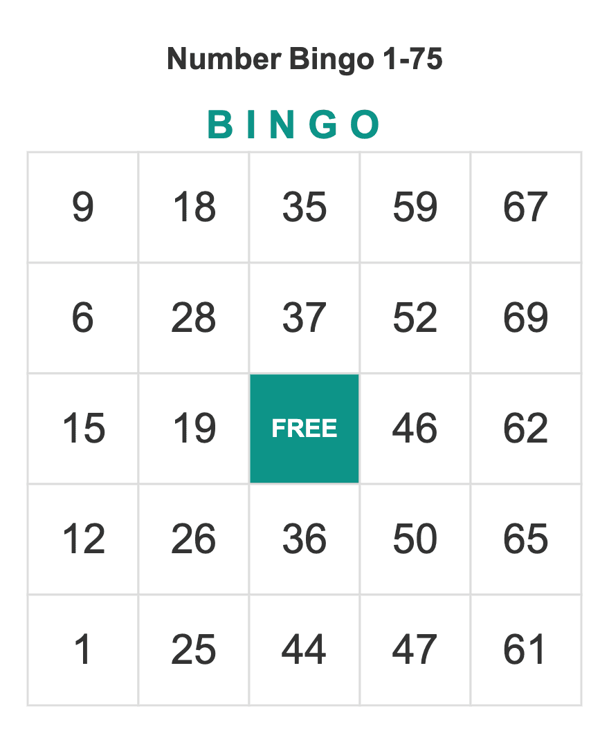 Number Bingo 1-75 — free printable bingo card sample from a 10-card PDF pack