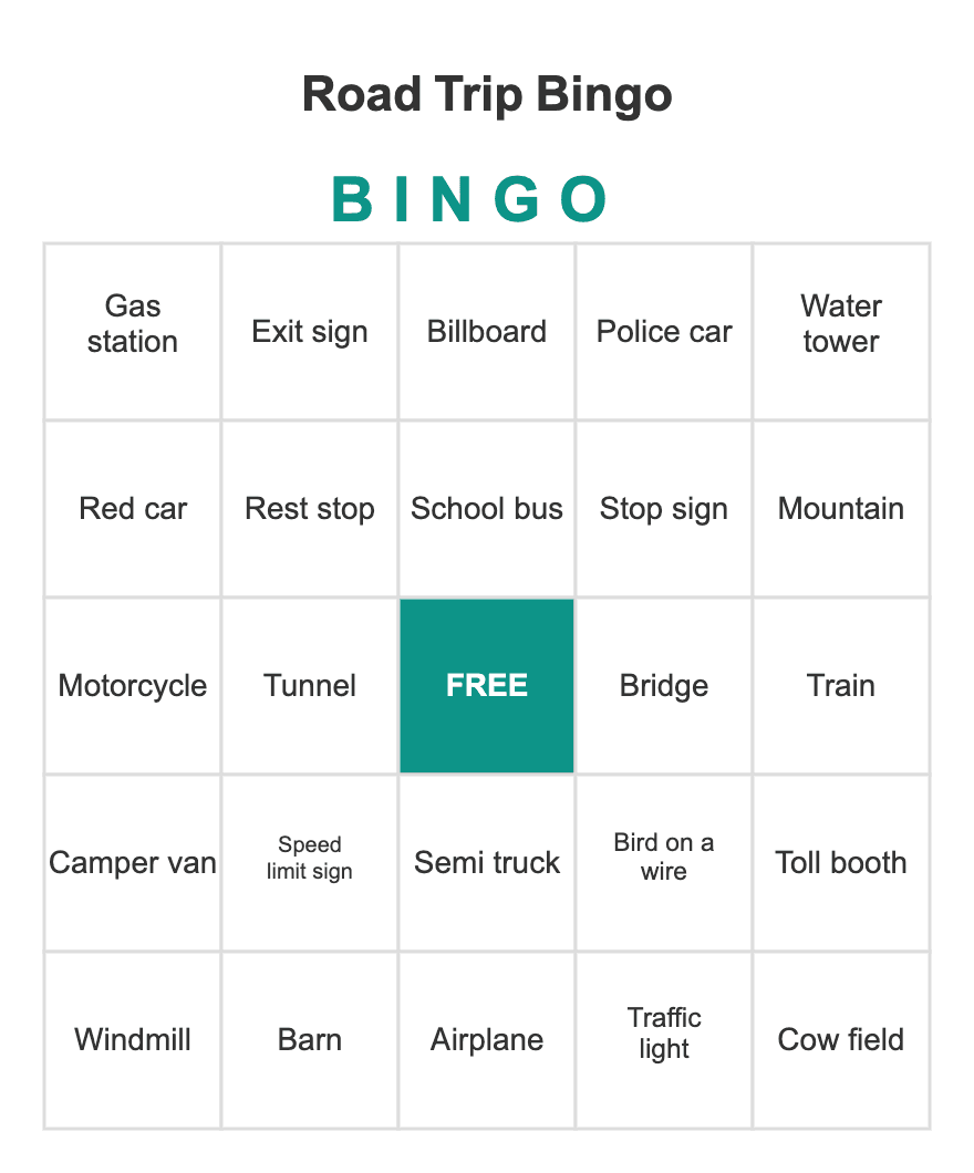 Road Trip Bingo — free printable bingo card sample from a 10-card PDF pack
