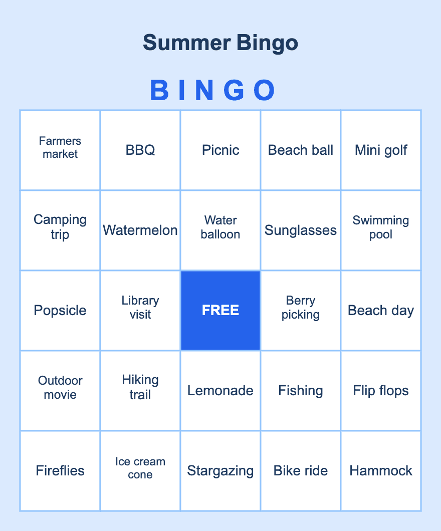 Summer Bingo — free printable bingo card sample from a 10-card PDF pack