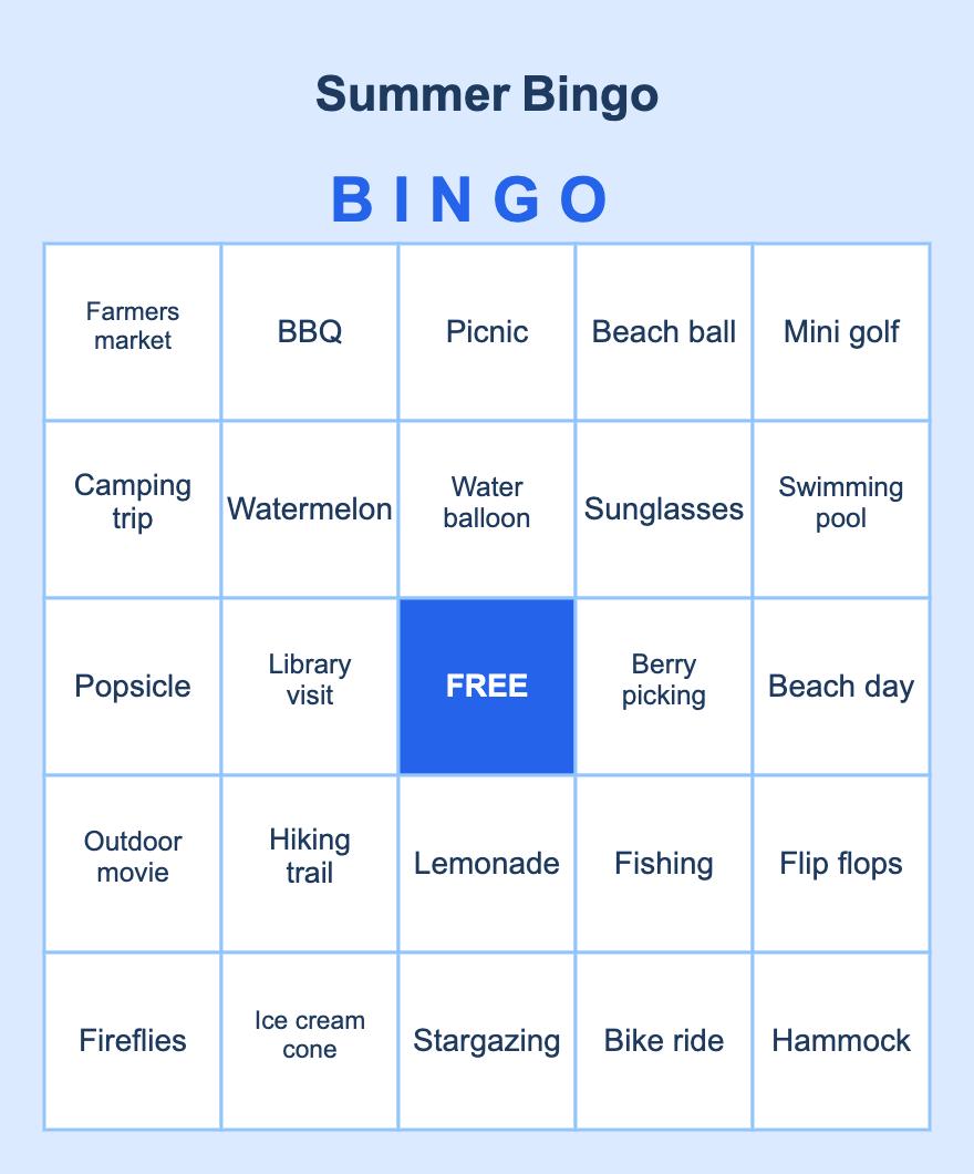 Summer Bingo — free printable bingo card sample from a 10-card PDF pack