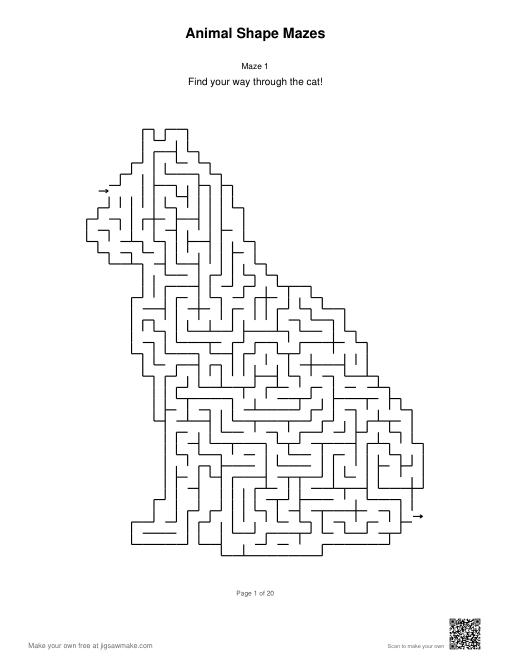 Cat-shaped maze with square-grid corridors and entrance and exit arrows