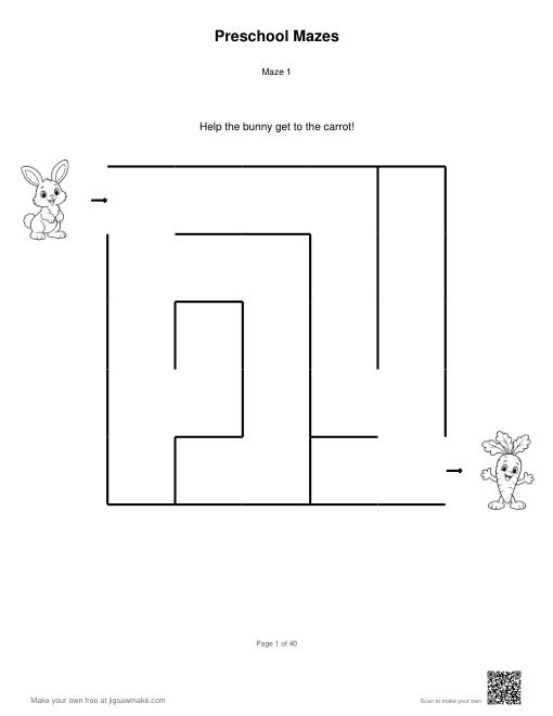 Preschool maze with bunny and carrot pictures beside wide passages