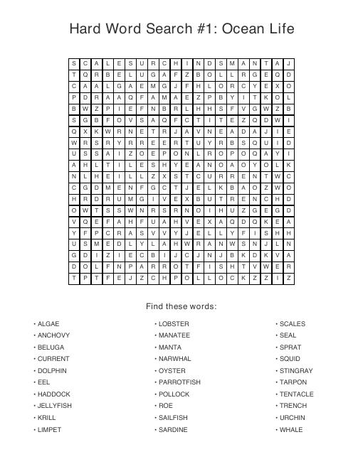 Sample page from volume 1, Hard Word Search #1: Ocean Life: a 20 by 20 letter grid with 30 words listed underneath