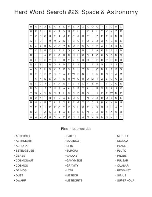 Sample page from volume 2, Hard Word Search #26: Space & Astronomy: a 20 by 20 letter grid with 30 words listed underneath