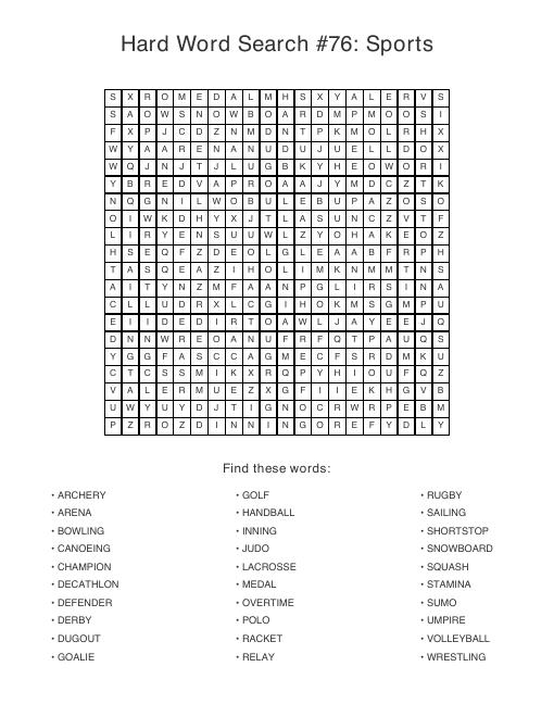 Sample page from volume 4, Hard Word Search #76: Sports: a 20 by 20 letter grid with 30 words listed underneath