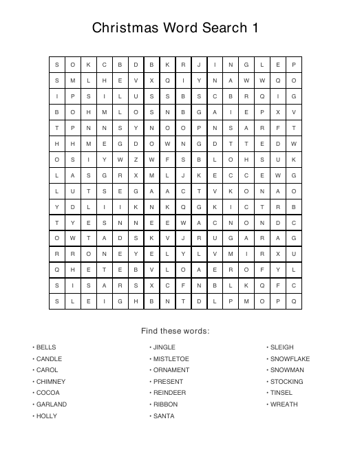 Adult Christmas puzzle sample page, 16 by 16 grid with 20 hidden words