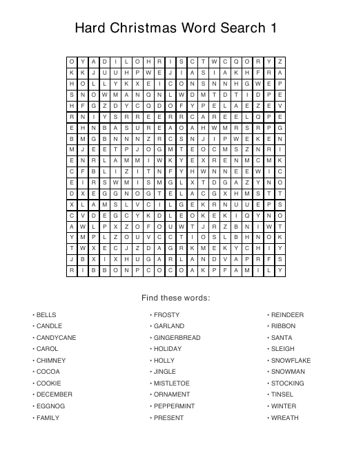 Hard Christmas puzzle sample page, 20 by 20 grid with 30 hidden words