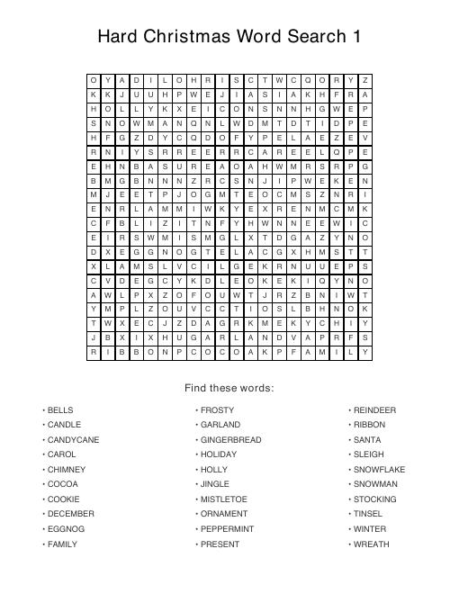 Hard Christmas puzzle sample page, 20 by 20 grid with 30 hidden words