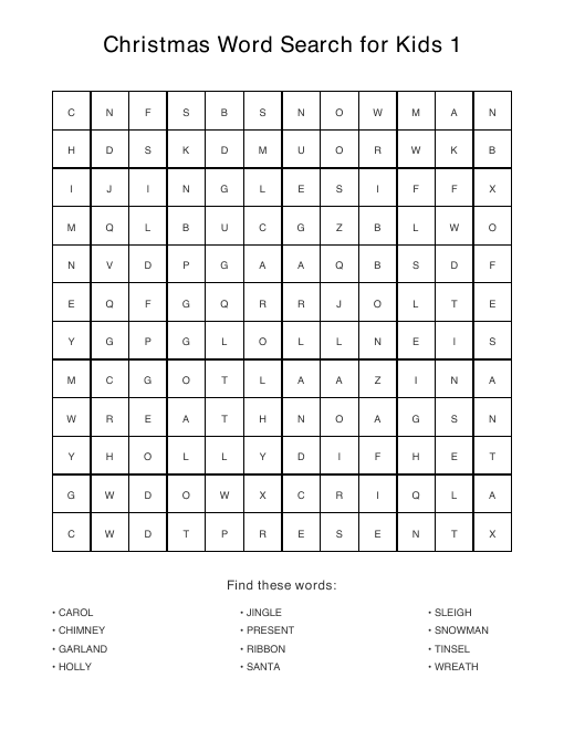 Kids Christmas puzzle sample page, 12 by 12 grid with 12 hidden words