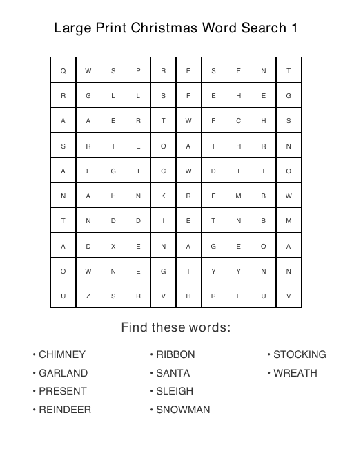 Large print Christmas puzzle sample page, 10 by 10 grid with 10 hidden words