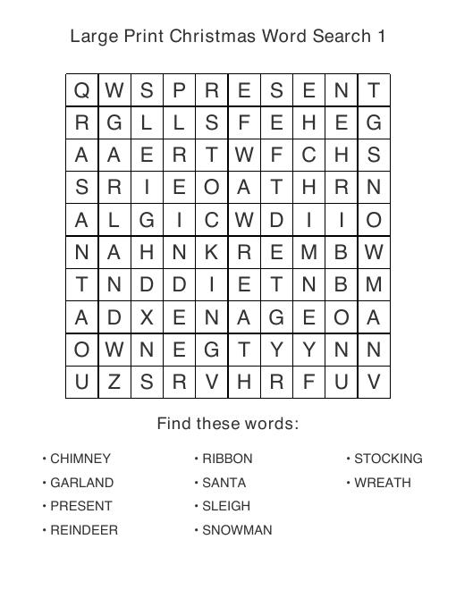 Large print Christmas puzzle sample page, 10 by 10 grid with 10 hidden words