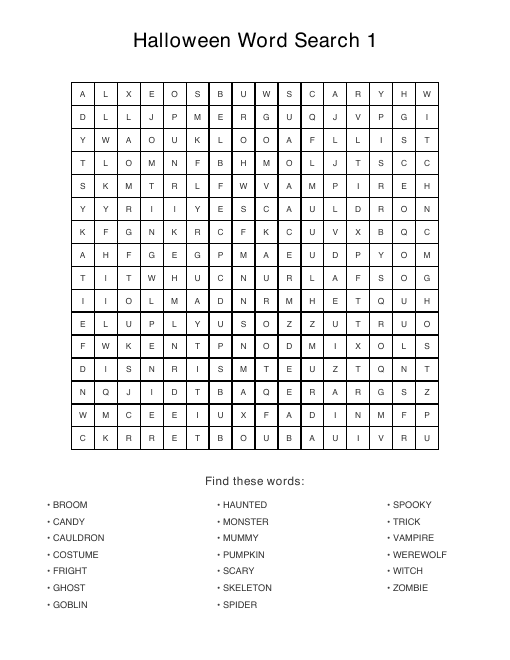 Adult Halloween puzzle sample page, 16 by 16 grid with 20 hidden words