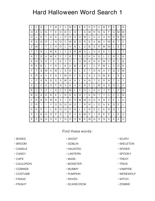 Hard Halloween puzzle sample page, 20 by 20 grid with 30 hidden words