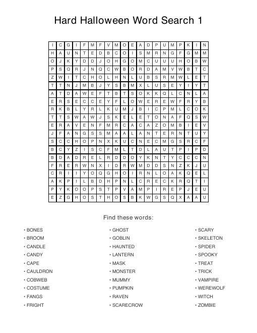 Hard Halloween puzzle sample page, 20 by 20 grid with 30 hidden words