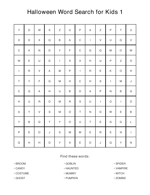 Kids Halloween puzzle sample page, 12 by 12 grid with 12 hidden words