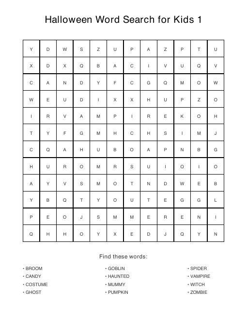 Kids Halloween puzzle sample page, 12 by 12 grid with 12 hidden words