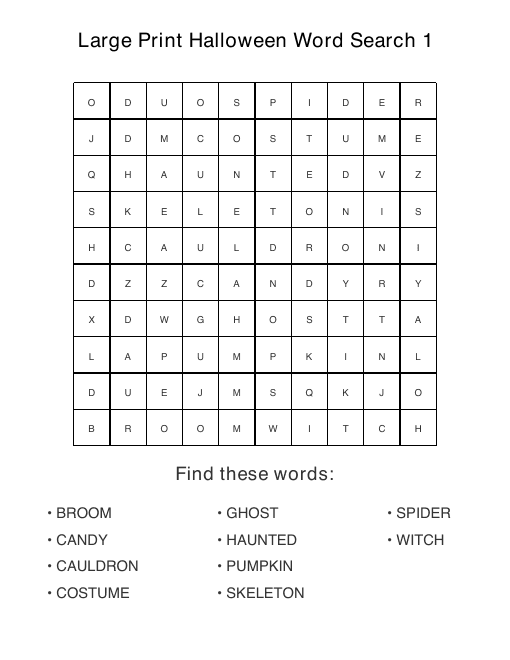 Large print Halloween puzzle sample page, 10 by 10 grid with 10 hidden words