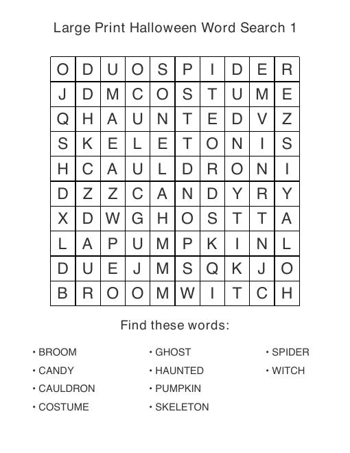 Large print Halloween puzzle sample page, 10 by 10 grid with 10 hidden words