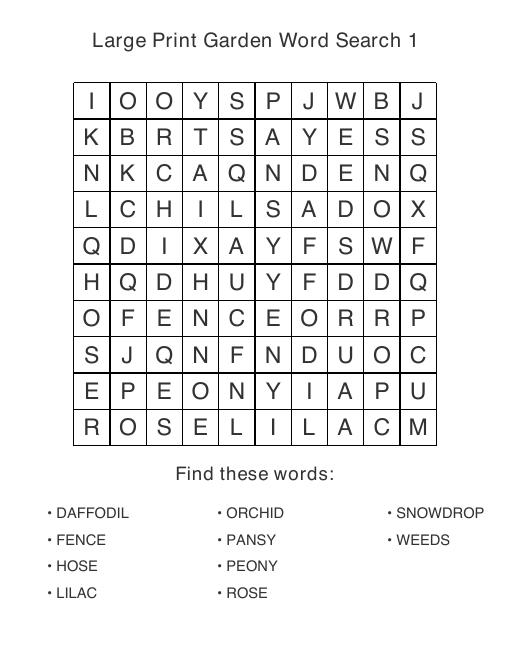 Garden & Flowers large print puzzle sample page, 10 by 10 grid with 10 hidden words and an enlarged word list