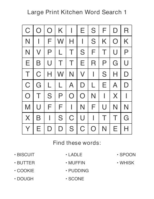 Kitchen & Baking large print puzzle sample page, 10 by 10 grid with 10 hidden words and an enlarged word list