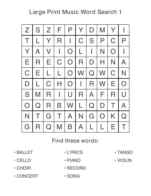 Music & Dance large print puzzle sample page, 10 by 10 grid with 10 hidden words and an enlarged word list