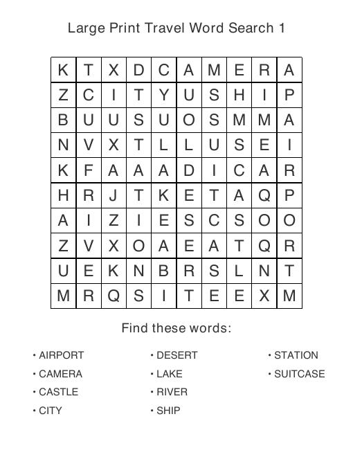 Travel & Places large print puzzle sample page, 10 by 10 grid with 10 hidden words and an enlarged word list