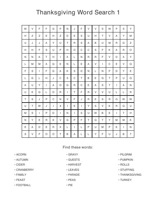 Adult Thanksgiving puzzle sample page, 16 by 16 grid with 20 hidden words