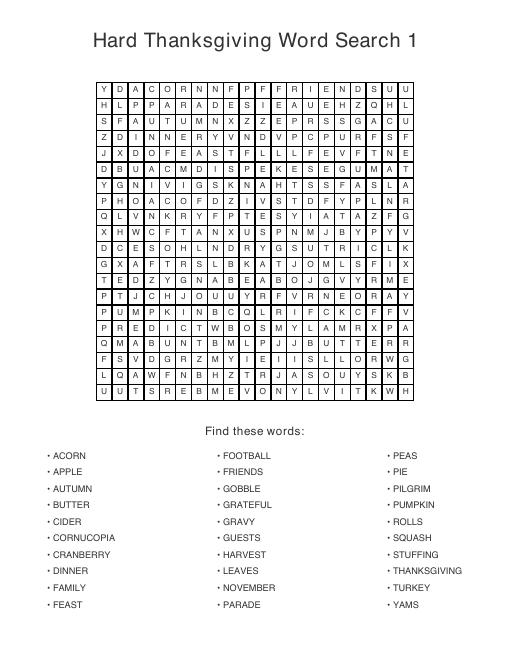 Hard Thanksgiving puzzle sample page, 20 by 20 grid with 30 hidden words