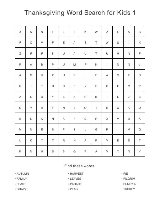 Kids Thanksgiving puzzle sample page, 12 by 12 grid with 12 hidden words