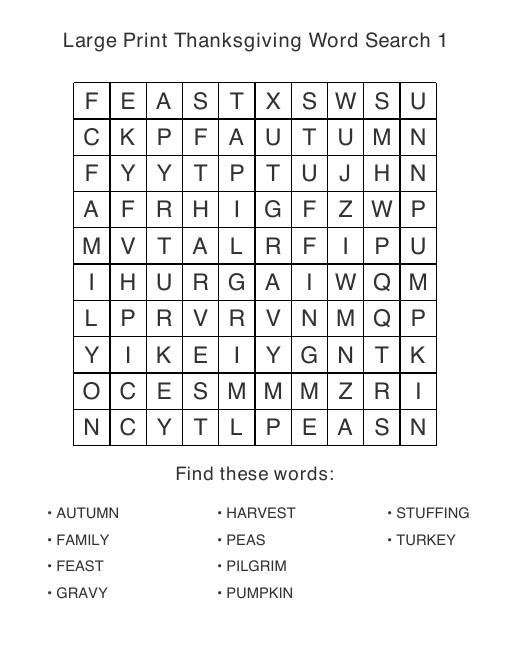 Large print Thanksgiving puzzle sample page, 10 by 10 grid with 10 hidden words