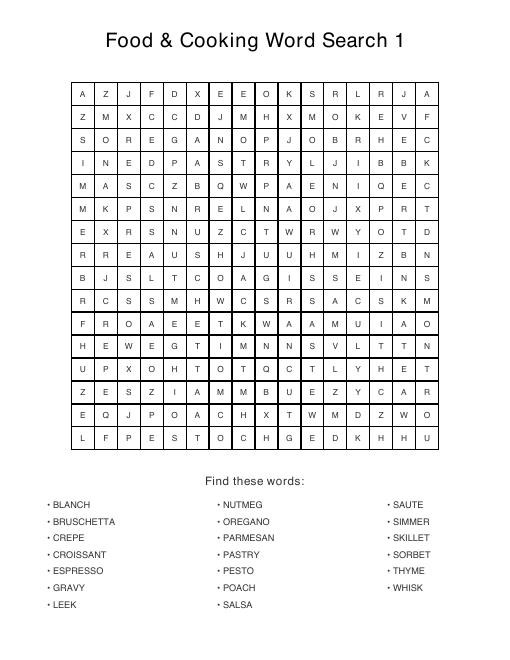 Food & Cooking puzzle sample page, 16 by 16 grid with 20 hidden words