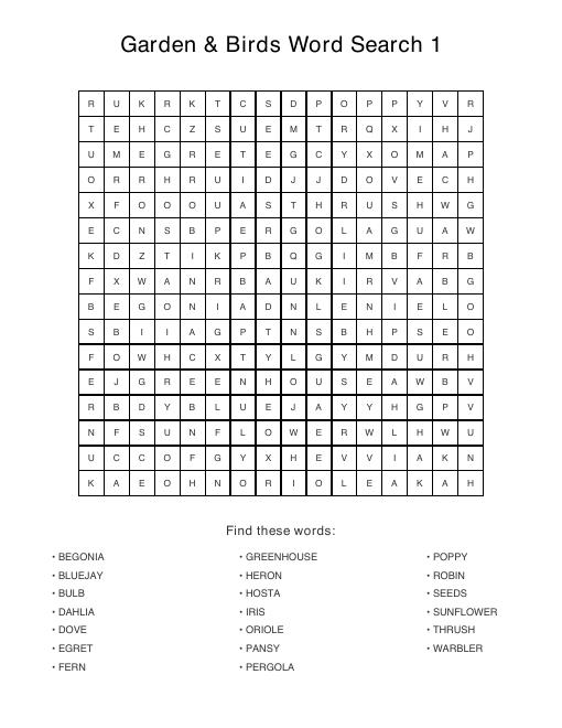 Gardening & Birds puzzle sample page, 16 by 16 grid with 20 hidden words