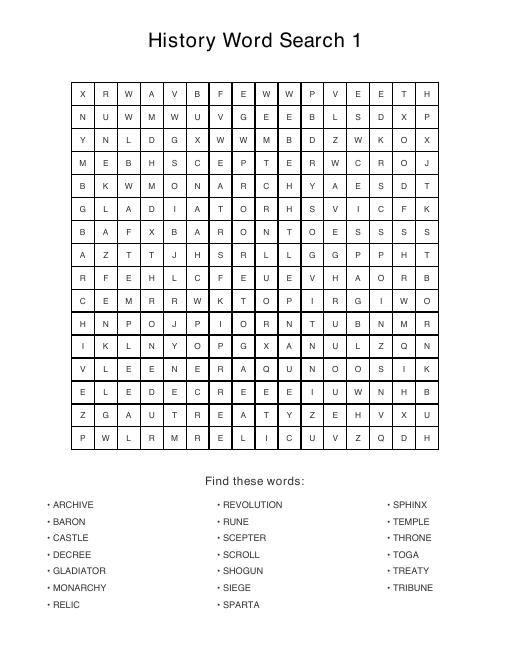History puzzle sample page, 16 by 16 grid with 20 hidden words