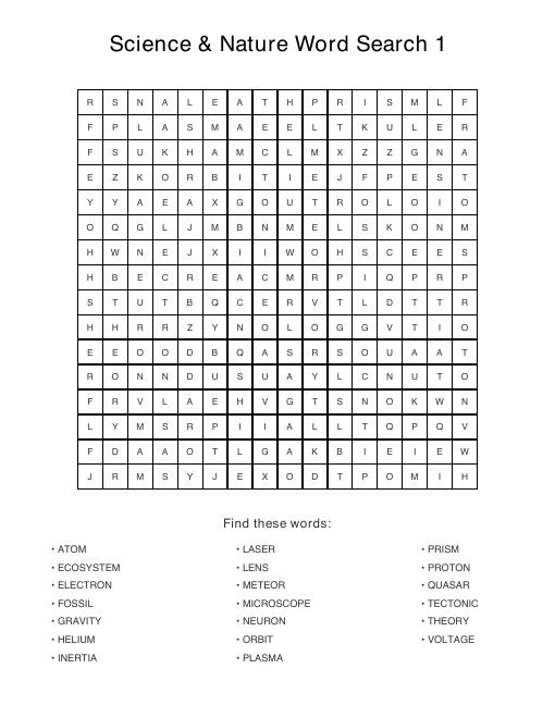 Science & Nature puzzle sample page, 16 by 16 grid with 20 hidden words