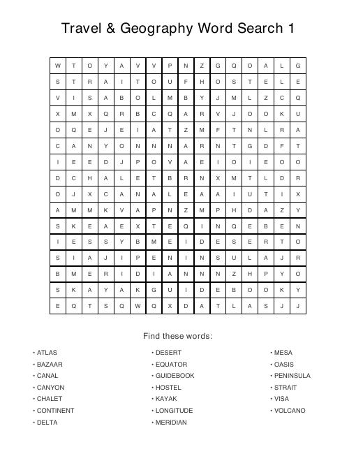 Travel & Geography puzzle sample page, 16 by 16 grid with 20 hidden words